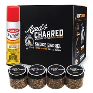 save 10% on aged and charred smoke barrel kit - cocktail smoker kit & wood chips for cocktail smoker - variety 4-pack bundle
