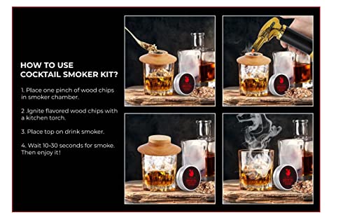 Premium Cocktail Smoker Kit with Torch and Wood Chips, 4 Flavors - Old Fashioned Smoker Kit, Bourbon & Whiskey Drink Smoker Infuser Kit - Whiskey Gifts for Men, Dad, Husband (No Butane)