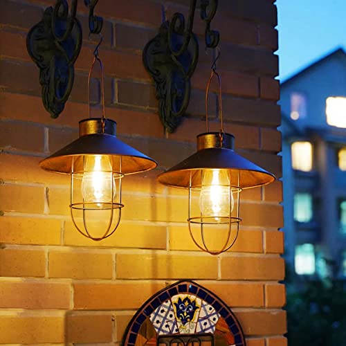 Miyole Solar Outdoor Lanterns 2 Pack, Hanging Solar Lights Outdoor, Metal Waterproof Solar Powered Light with Warm White Edison Bulb for Fence/Garden/Patio/Proch Decor