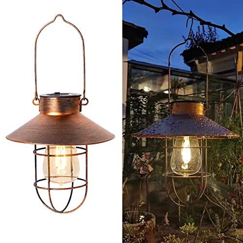 Miyole Solar Outdoor Lanterns 2 Pack, Hanging Solar Lights Outdoor, Metal Waterproof Solar Powered Light with Warm White Edison Bulb for Fence/Garden/Patio/Proch Decor