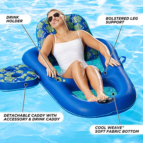 Aqua Campania Ultimate 2-in-1 Pool Float Lounge – Extra Large – Inflatable Pool Floats for Adults with Adjustable Backrest & Cupholder Caddy – Royal/Lime Hibiscus