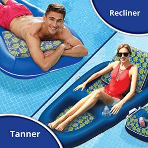 Aqua Campania Ultimate 2-in-1 Pool Float Lounge – Extra Large – Inflatable Pool Floats for Adults with Adjustable Backrest & Cupholder Caddy – Royal/Lime Hibiscus
