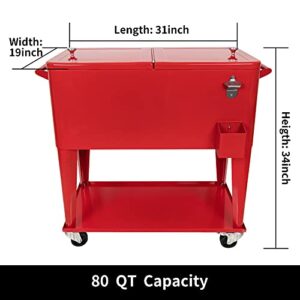 Rolling Ice Chest Cooler for Outdoor Patio Deck Party,80 Quart Ice Chest with Wheels,Portable Party Bar Cold Drink Beverage Cart,Backyard Cooler Trolley on Wheels with Shelf,Bottle Opener,Red
