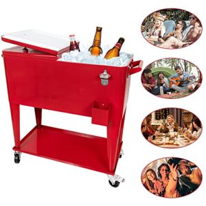 Rolling Ice Chest Cooler for Outdoor Patio Deck Party,80 Quart Ice Chest with Wheels,Portable Party Bar Cold Drink Beverage Cart,Backyard Cooler Trolley on Wheels with Shelf,Bottle Opener,Red