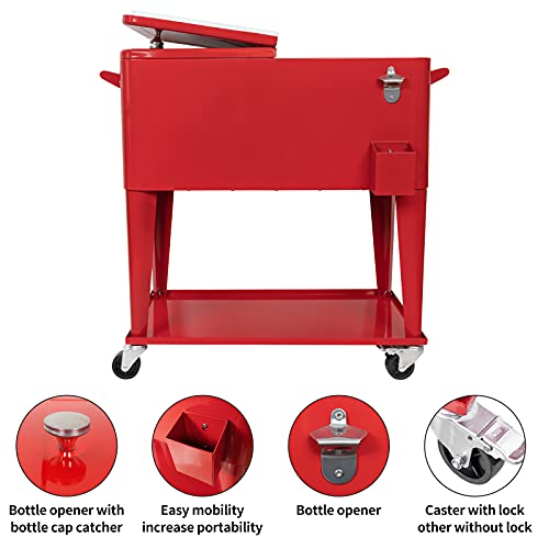 Rolling Ice Chest Cooler for Outdoor Patio Deck Party,80 Quart Ice Chest with Wheels,Portable Party Bar Cold Drink Beverage Cart,Backyard Cooler Trolley on Wheels with Shelf,Bottle Opener,Red