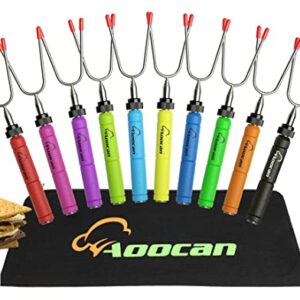 Aoocan Marshmallow Roasting Sticks for Hot Dog Set of 10 Smores Skewers 34 inch Telescoping Rotating Barbeque Forks for Campfire Outdoor Camping Kit for Fire Pit Premium Stainless Steel Fork