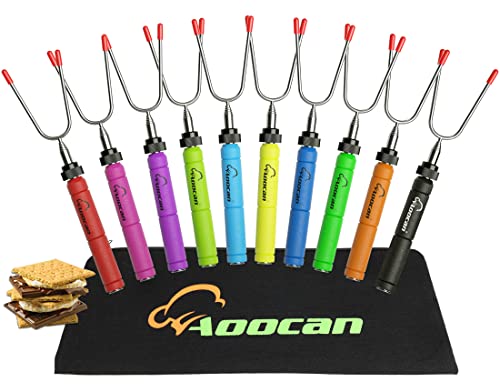 Aoocan Marshmallow Roasting Sticks for Hot Dog Set of 10 Smores Skewers 34 inch Telescoping Rotating Barbeque Forks for Campfire Outdoor Camping Kit for Fire Pit Premium Stainless Steel Fork