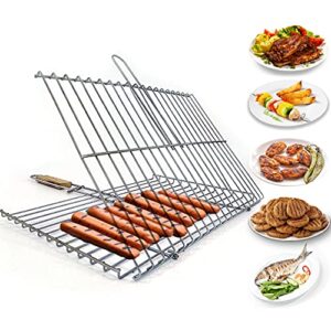 grilling basket for outdoor grill, barbecue basket for fish, steak, chicken, vegetables, shish kabob and shrimp, large lockable basket with wooden handle, sturdy bbq accessories, 11 x 18 in