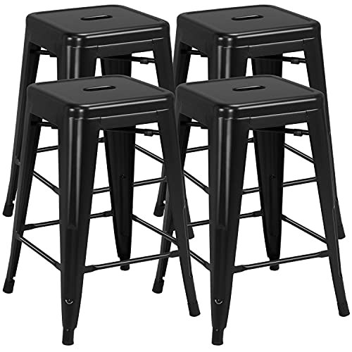 Yaheetech 24 inch barstools Set of 4 Counter Height Metal Bar Stools, Indoor/Outdoor Stackable Bartool Industrial High Backless Stools Black