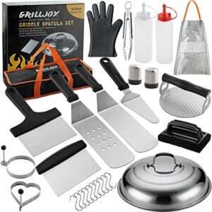 grilljoy 28-piece griddle accessories kit with cleaning kit for teppanyaki camping cooking - complete griddle tools set in carrying storage bag - basting cover, smash burger press, grill spatulas