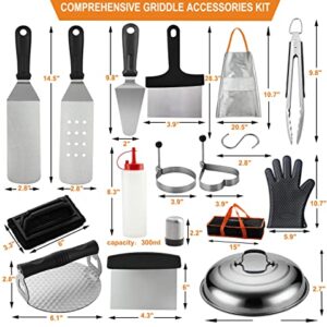 grilljoy 28-Piece Griddle Accessories Kit with Cleaning Kit for Teppanyaki Camping Cooking - Complete Griddle Tools Set in Carrying Storage Bag - Basting Cover, Smash Burger Press, Grill Spatulas