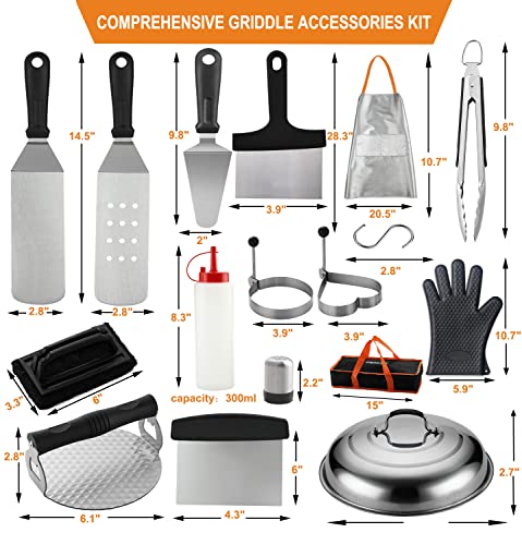 grilljoy 28-Piece Griddle Accessories Kit with Cleaning Kit for Teppanyaki Camping Cooking - Complete Griddle Tools Set in Carrying Storage Bag - Basting Cover, Smash Burger Press, Grill Spatulas