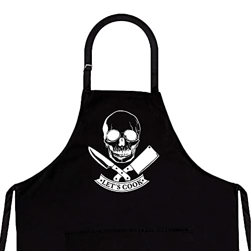 Nomsum Aprons for Men | Lets Cook Skull Design | Premium Quality Funny Aprons | Best for BBQ, Grilling and Cooking | Grill and BBQ Accessories | Chef Kitchen Grilling Apron | One Size Fits All