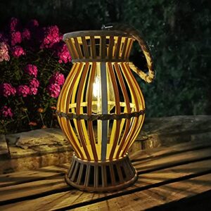 11.8” solar table lamp lantern outdoor - rustic large rattan woven lantern light with edison bulb, solar-powered warm light, great decor for garden, patio, desk