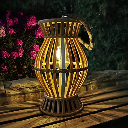 11.8” Solar Table Lamp Lantern Outdoor - Rustic Large Rattan Woven Lantern Light with Edison Bulb, Solar-Powered Warm Light, Great Decor for Garden, Patio, Desk