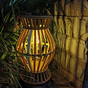 11.8” Solar Table Lamp Lantern Outdoor - Rustic Large Rattan Woven Lantern Light with Edison Bulb, Solar-Powered Warm Light, Great Decor for Garden, Patio, Desk