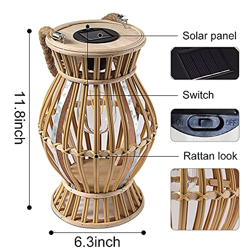 11.8” Solar Table Lamp Lantern Outdoor - Rustic Large Rattan Woven Lantern Light with Edison Bulb, Solar-Powered Warm Light, Great Decor for Garden, Patio, Desk