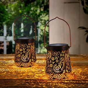 solar outdoor lanterns with hanging handle metal gift waterproof led light for garden patio yard pathway decorations (2 pack)