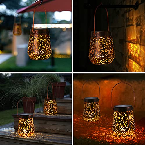 Solar Outdoor Lanterns with Hanging Handle Metal Gift Waterproof LED Light for Garden Patio Yard Pathway Decorations (2 Pack)