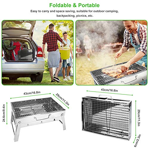 Newluck Folding Charcoal Barbecue Grill Set, Portable Folded Hibachi Grill Stainless Steel Yakitori Grill, BBQ Tool Kits for Outdoor Patio Picnics Beach Camping Cooking Traveling, 16.8 X 11.3 X 9.2''