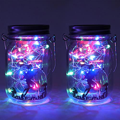 GEZICHTA 2 pcs Solar Fairy Lantern Lights,Hanging Glass Mason Jar Lights LED Lights(Colorful Transparent), free size