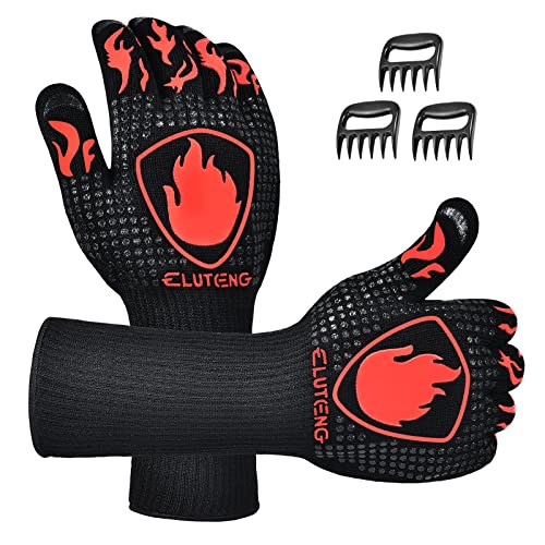 ELUTENG BBQ Long Gloves 1472℉ Heat Resistant Grilling Glove Silicone Non-Slip Oven Heatproof Longer Kitchen Washable Gloves for Barbecue, Cooking, Baking, Camping Fire Pit Black