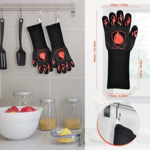 ELUTENG BBQ Long Gloves 1472℉ Heat Resistant Grilling Glove Silicone Non-Slip Oven Heatproof Longer Kitchen Washable Gloves for Barbecue, Cooking, Baking, Camping Fire Pit Black