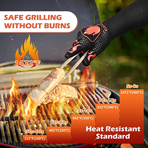 ELUTENG BBQ Long Gloves 1472℉ Heat Resistant Grilling Glove Silicone Non-Slip Oven Heatproof Longer Kitchen Washable Gloves for Barbecue, Cooking, Baking, Camping Fire Pit Black