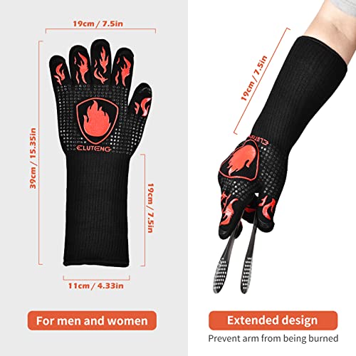 ELUTENG BBQ Long Gloves 1472℉ Heat Resistant Grilling Glove Silicone Non-Slip Oven Heatproof Longer Kitchen Washable Gloves for Barbecue, Cooking, Baking, Camping Fire Pit Black