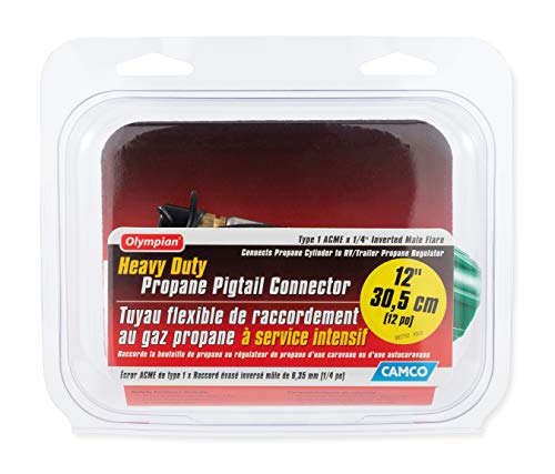 Camco Pigtail Propane Hose Connector | Designed to Connect to an RV or Trailer Propane Regulator | Safety Features Include Thermal Protection and Excess Flow Protection | 12-inch (59053), Black and green