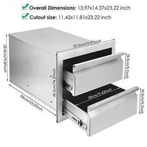 Seeutek Outdoor Kitchen Drawers Stainless Steel, 14W x 14.4H x 23.2D Inch Flush Mount Double Drawers with Embedded Handle, BBQ Drawers for Outdoor Kitchens or BBQ Island Patio Grill Station