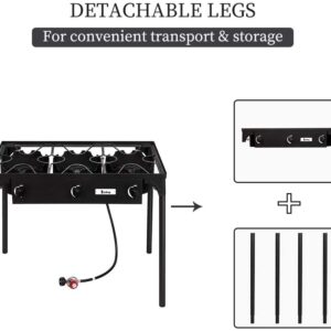 Outdoor Stove Portable Propane Burner Gas Cooker - Camp Stoves 3 Burner Propane Stove for Camping Cooking, High Pressure Iron Cast Patio Three Burner with Detachable Legs, 225000 BTU