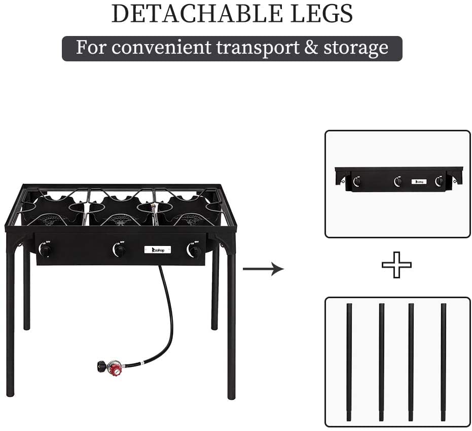 Outdoor Stove Portable Propane Burner Gas Cooker - Camp Stoves 3 Burner Propane Stove for Camping Cooking, High Pressure Iron Cast Patio Three Burner with Detachable Legs, 225000 BTU