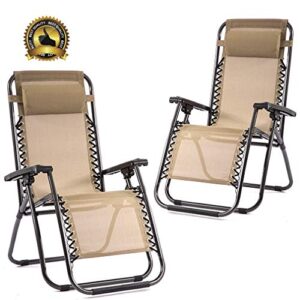 fdw set of 2 zero gravity chairs lounge patio chairs outdoor yard beach (tan)