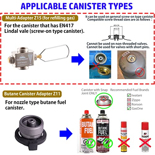 camping moon CAMPINGMOON Isobutane/Butane to Propane Gas Refill Adapter EN417 Lindal Valve 16oz/1Lb Small Propane Tank (Gas Fuel not Included) Z11/Z15+Z22