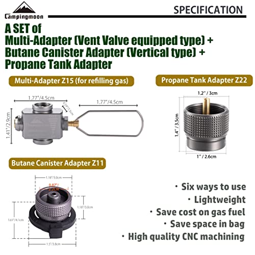 camping moon CAMPINGMOON Isobutane/Butane to Propane Gas Refill Adapter EN417 Lindal Valve 16oz/1Lb Small Propane Tank (Gas Fuel not Included) Z11/Z15+Z22