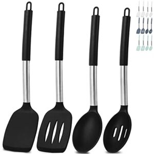 cooptop 4-piece silicone spatula set - silicone slotted turner and solid turner - silicone slotted spoon and solid spoon - 600°f heat resistant non-stick cooking utensils (black)