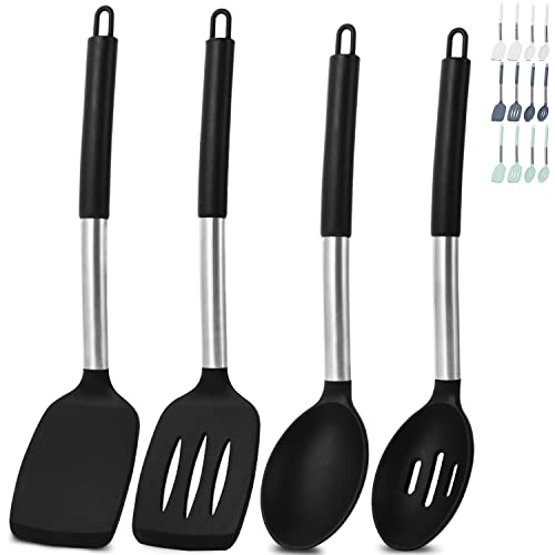 Cooptop 4-Piece Silicone Spatula Set - Silicone Slotted Turner and Solid Turner - Silicone Slotted Spoon and Solid Spoon - 600°F Heat Resistant Non-Stick Cooking Utensils (Black)