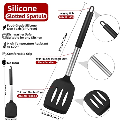 Cooptop 4-Piece Silicone Spatula Set - Silicone Slotted Turner and Solid Turner - Silicone Slotted Spoon and Solid Spoon - 600°F Heat Resistant Non-Stick Cooking Utensils (Black)