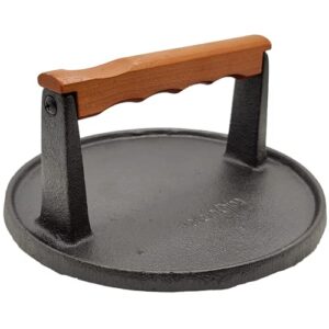 mr. bar-b-q 06681y cast iron grill press | pre-seasoned base & hardwood handle burger press | cooks food evenly | ridges on bottom | keeps food in contact with grill surface | 7 inch cast iron press