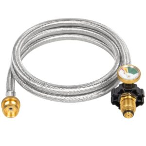 gaspro braided propane hose adapter with gauge, compatible with coleman stove, buddy heater and more, connects to 5-100lb tank, 5-foot