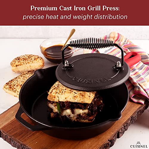 Grill Press - Cast Iron Burger Press for Bacon, Steak and Smashed Hamburgers - 7.5"-inch Diameter Round Pre-Seasoned Heavy Duty 4-lb. Weight Sandwich and Panini Maker - Griddle, BBQ Grill Accessory