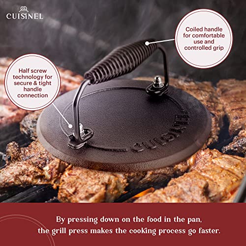 Grill Press - Cast Iron Burger Press for Bacon, Steak and Smashed Hamburgers - 7.5"-inch Diameter Round Pre-Seasoned Heavy Duty 4-lb. Weight Sandwich and Panini Maker - Griddle, BBQ Grill Accessory