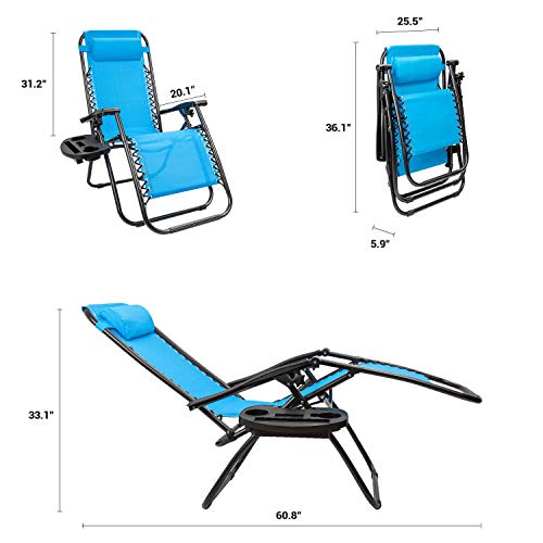 Kemon Zero Gravity Folding Lounge Outdoor Patio Adjustable Reclining Chair with Pillows and Cup Holders for Beach Set of 2, Blue