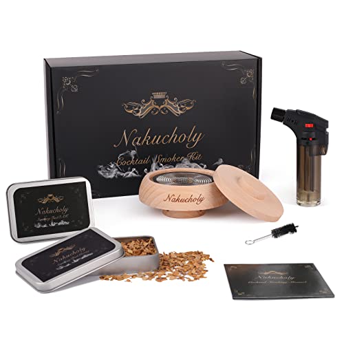 Nakucholy Cocktail Smoker Kit with Torch, Old Fashioned Smoker Kit for Whiskey Bourbon with Wood Chips, Hand Crafted Premium Bartender Kit, Ideal Gifts for Men (Butane Not Included)