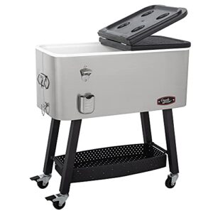creolefeast cl8001s 80-quart premium rolling cooler, stainless steel portable cold drink beverage cooler cart for outdoor patio, tailgating, poolside bbq party, silver