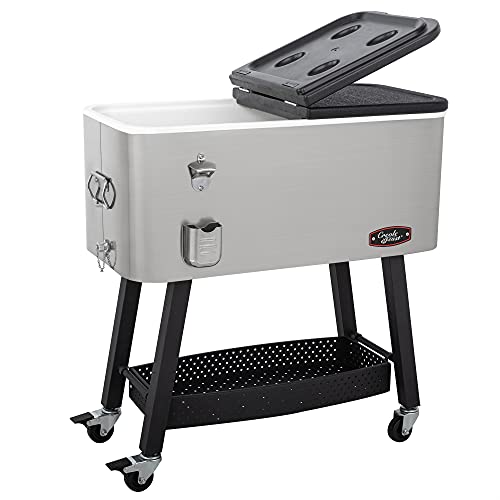 CreoleFeast CL8001S 80-Quart Premium Rolling Cooler, Stainless Steel Portable Cold Drink Beverage Cooler Cart for Outdoor Patio, Tailgating, Poolside BBQ Party, Silver