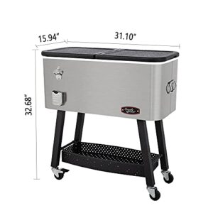 CreoleFeast CL8001S 80-Quart Premium Rolling Cooler, Stainless Steel Portable Cold Drink Beverage Cooler Cart for Outdoor Patio, Tailgating, Poolside BBQ Party, Silver