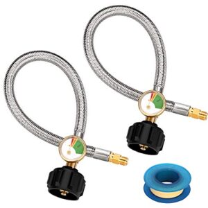 wadeo rv propane hose with gauge, 15 inch stainless steel propane pigtail connects propane cylinder to 2 stage propane regulator or appliance with 1/4 inch inverted male flare, 2-pack