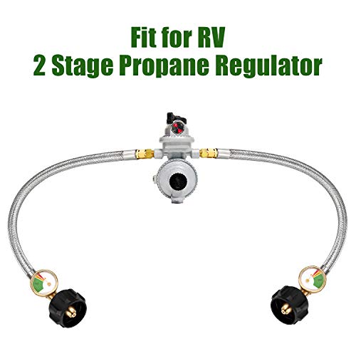 WADEO RV Propane Hose with Gauge, 15 Inch Stainless Steel Propane Pigtail Connects Propane Cylinder to 2 Stage Propane Regulator or Appliance with 1/4 Inch Inverted Male Flare, 2-Pack